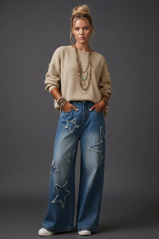 Jeans pierna ancha deslavados con estrellas