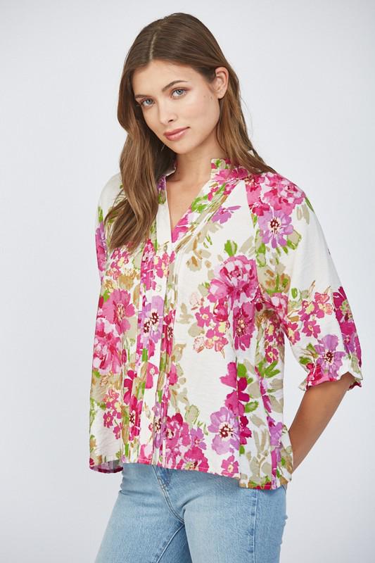 Blusa flores con alforzas en delantero