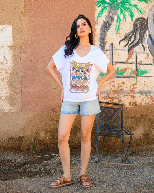 Camiseta patines y estrellas con cuentas doradas