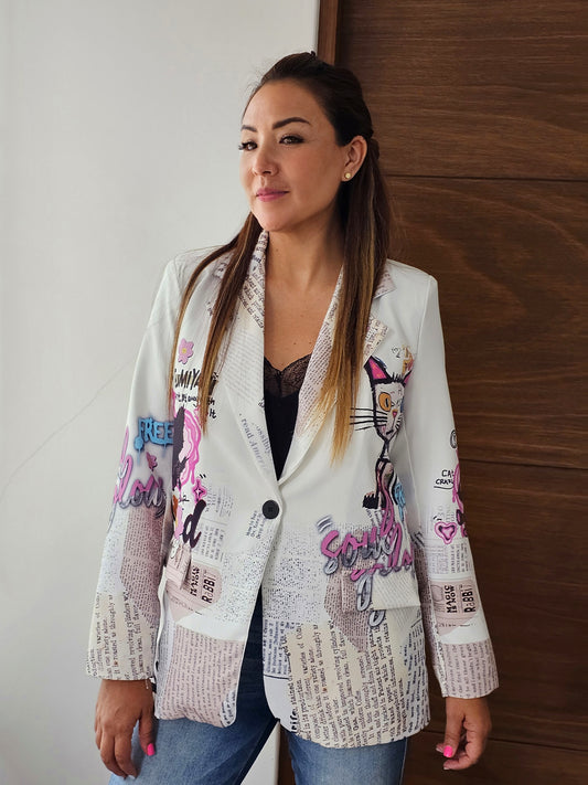 Saco estampado gato y letras