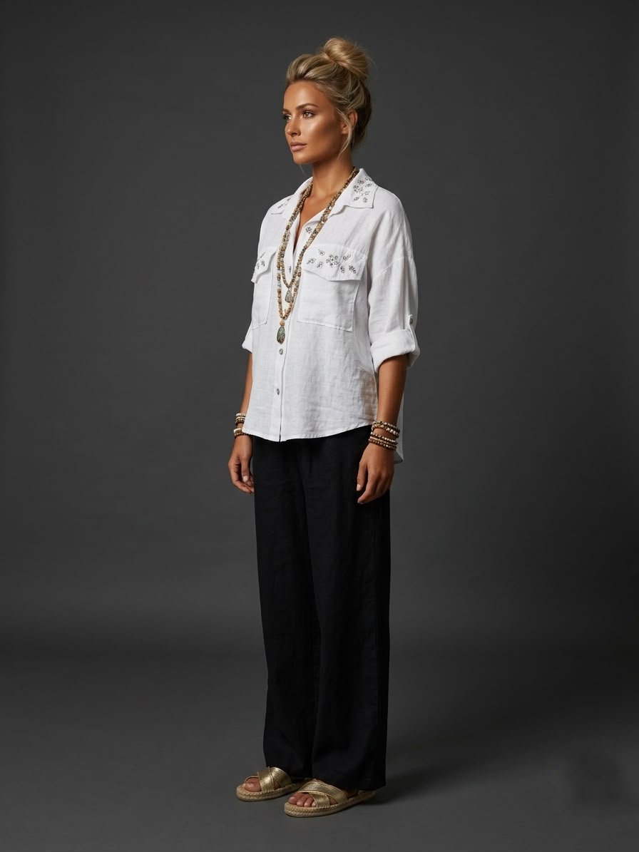 Camisa lino con chaquira