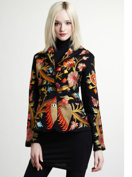 Saco bordado flores y aves