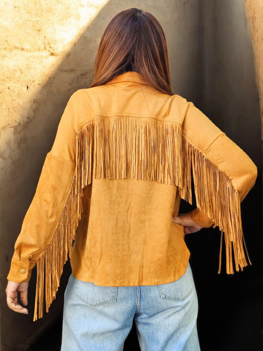 Camisola tacto suede con barbas y estoperoles