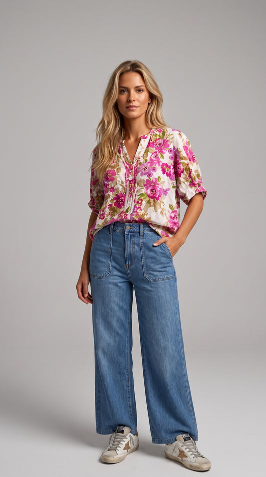 Blusa flores con alforzas en delantero