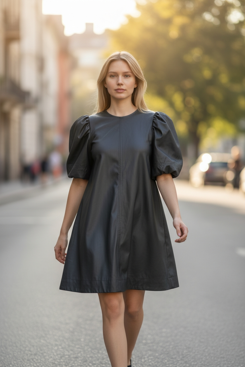 Vestido vinipiel con manga bombacha