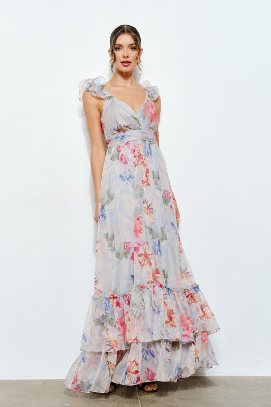 Vestido de chiffon con escarolas