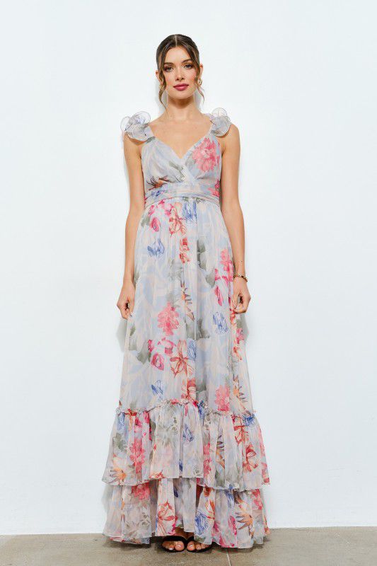 Vestido de chiffon con escarolas