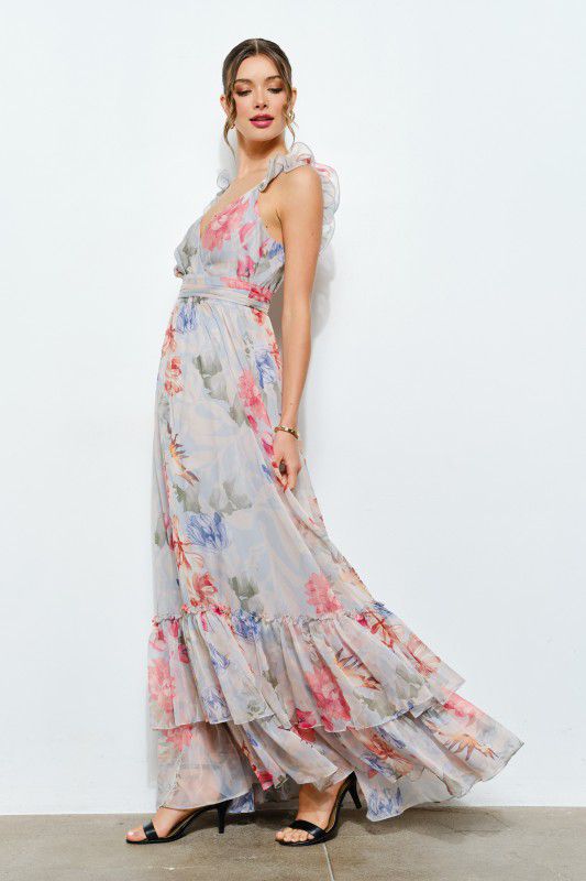 Vestido de chiffon con escarolas