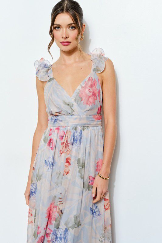 Vestido de chiffon con escarolas