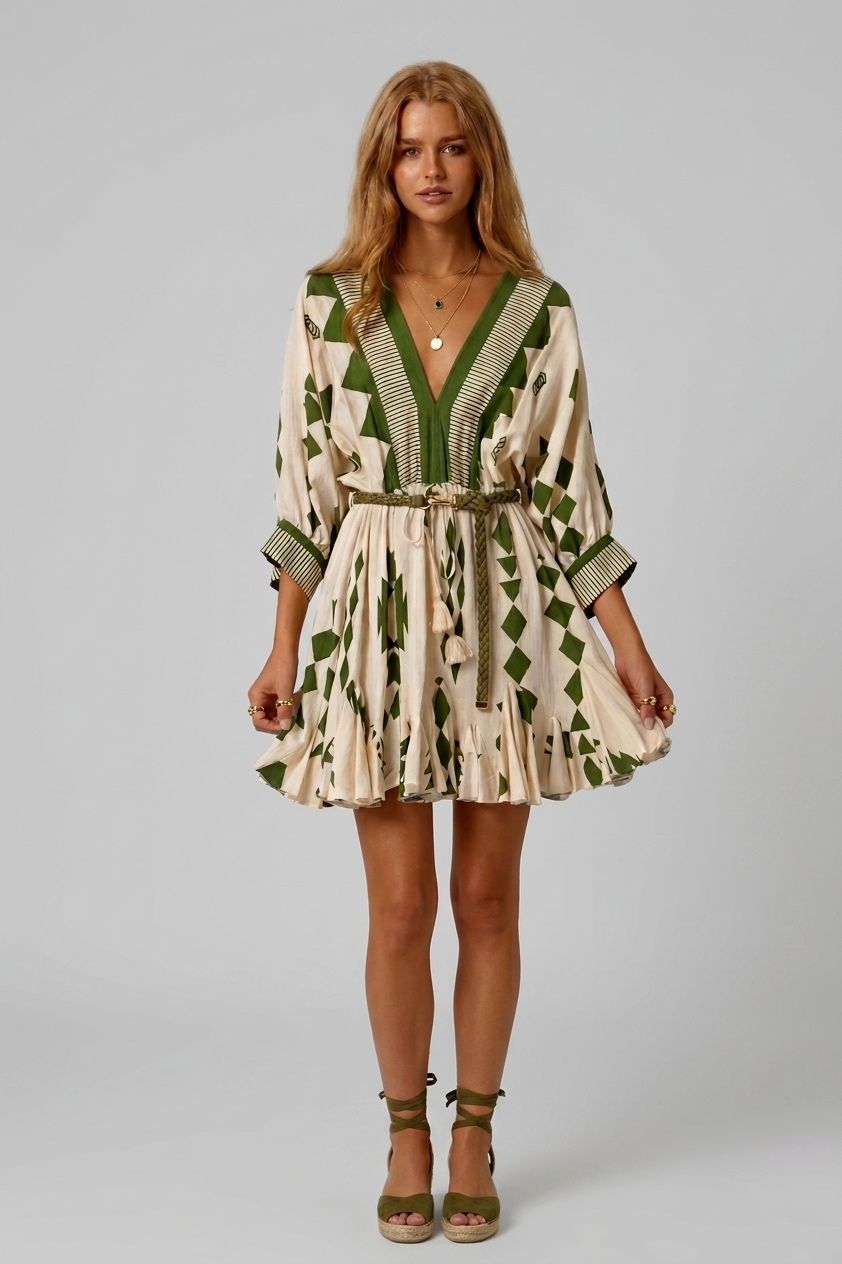 Vestido triángulos y pompones