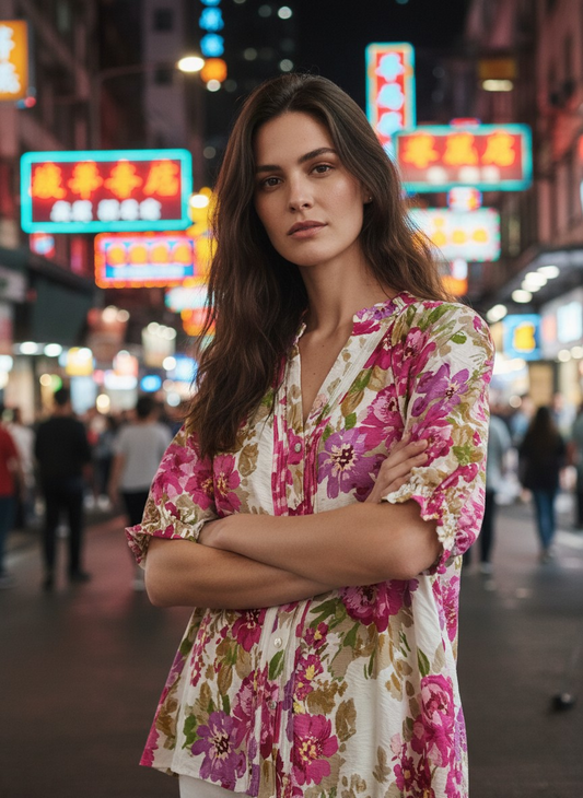 Blusa flores con alforzas en delantero