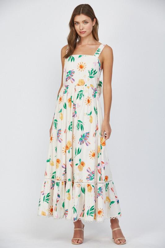 Vestido estampado con detalles de guipur y amarre en espalda