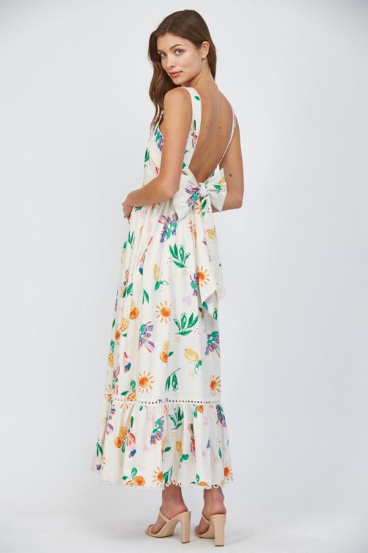 Vestido estampado con detalles de guipur y amarre en espalda