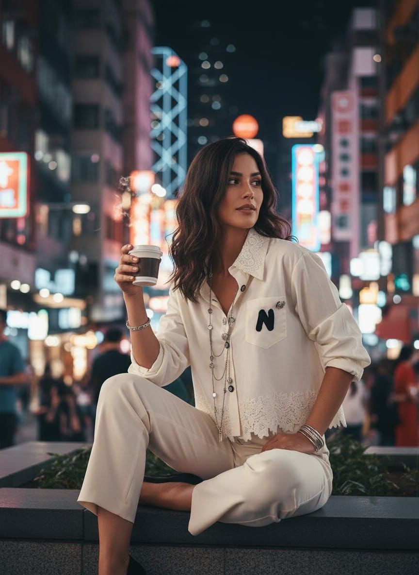 Camisa con broches y aplicaciones de guipur