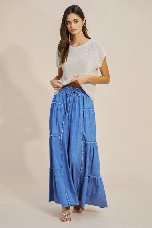 Pantalón mini rayas pierna mega ancha con cortes