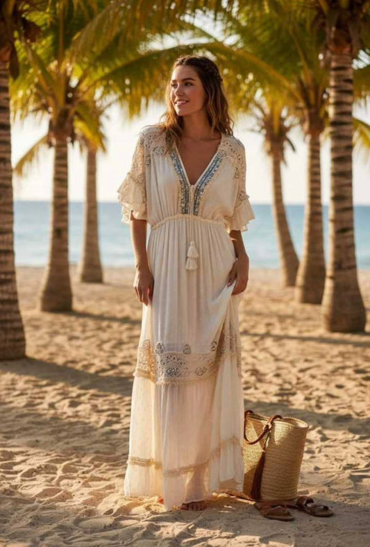 Vestido con lentejuela y bolillo