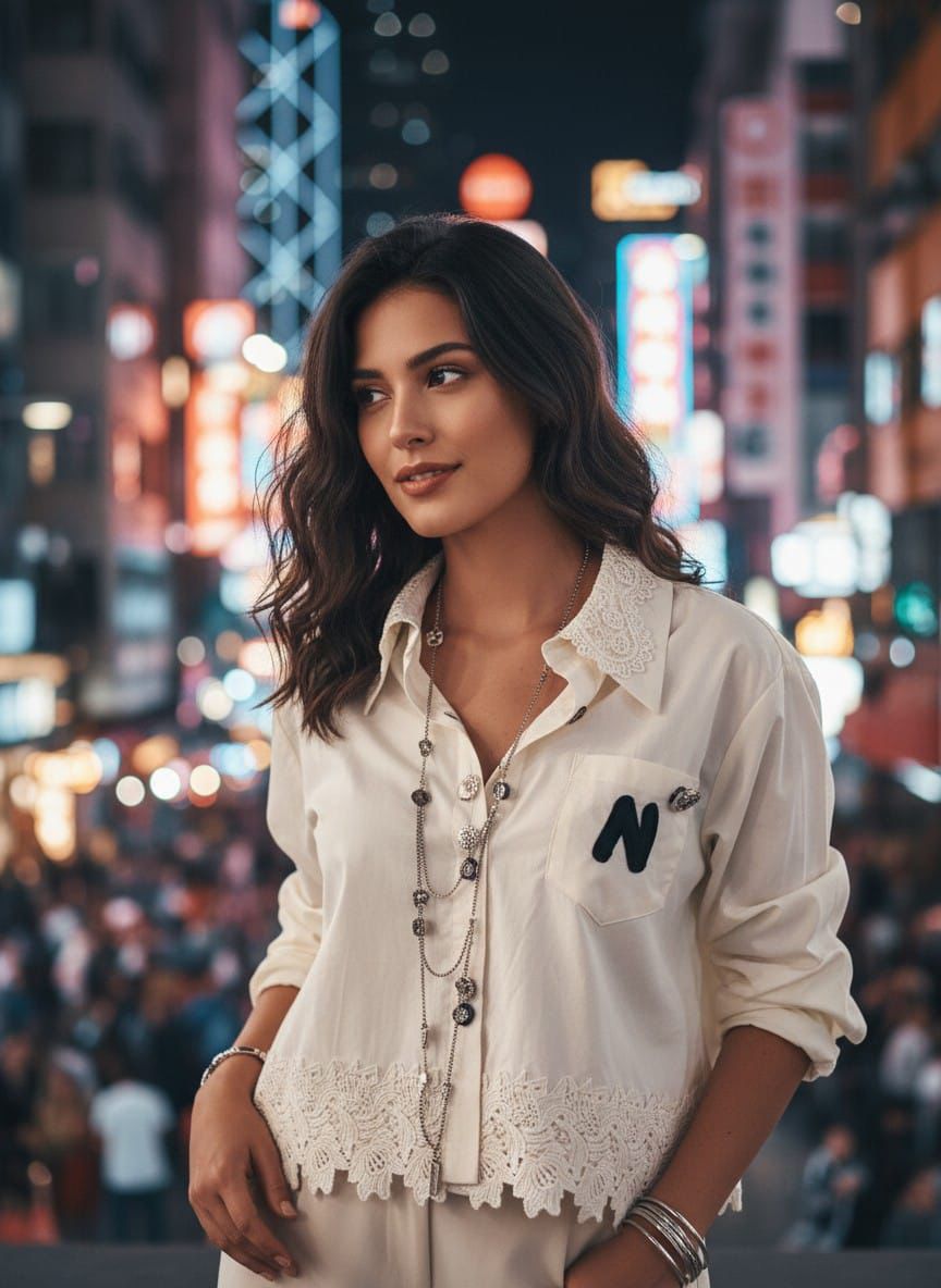 Camisa con broches y aplicaciones de guipur