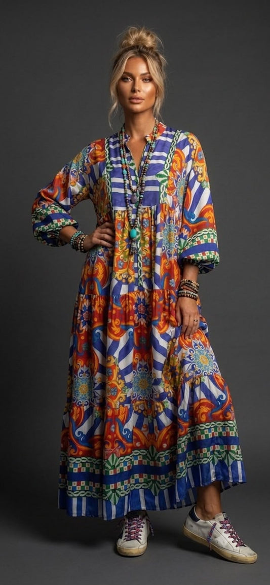 Vestido estampado flores y grecas