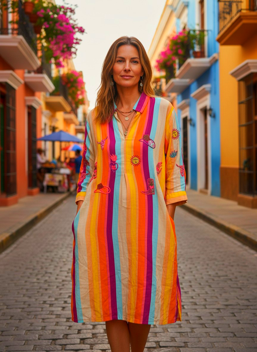 Vestido franjas con bordados