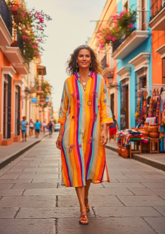 Vestido franjas con bordados