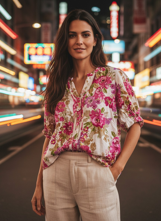 Blusa flores con alforzas en delantero